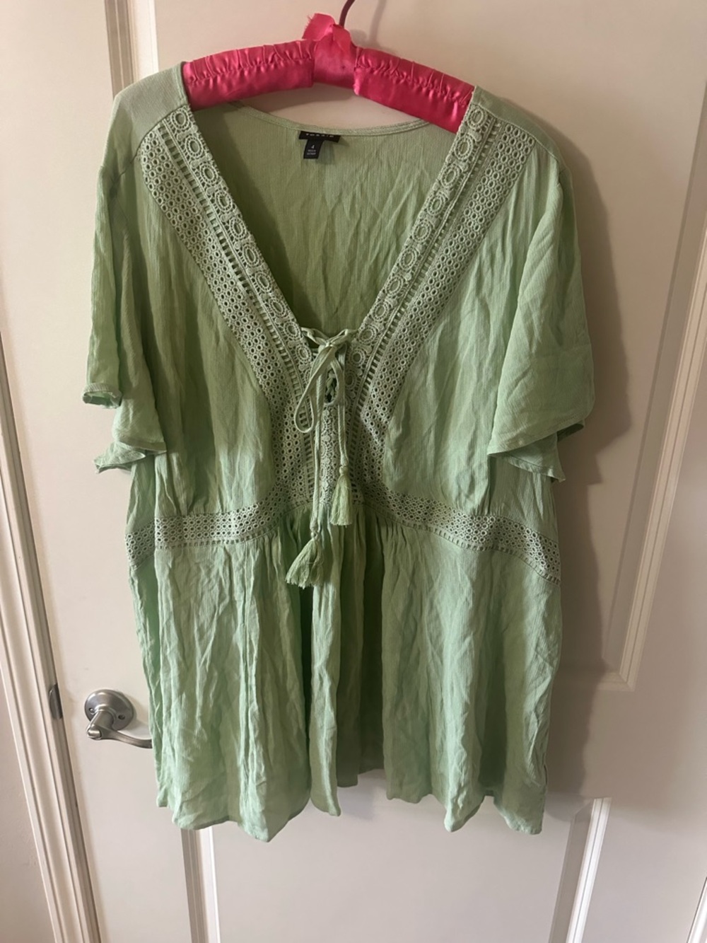 Torrid Tie-Front Crochet-Trim Peasant Top with butterfly sleeve in Light Green